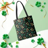 Irish Harp and Shamrock Pattern Black Tote Bag