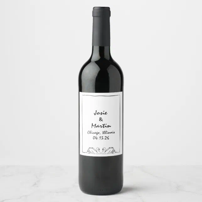 Simple Timeless Handwritten Swan Wedding Custom  Wine Label