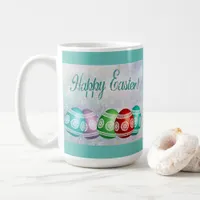 Classic Easter Mug Colorful Eggs & Teal Background
