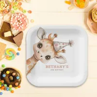 Modern Cute Giraffe Name 2nd Birthday Party Paper Plates