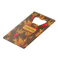 Yellow & Orange Floral Pattern on Brown Monogram | Credit Card Bottle Opener