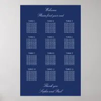 Navy Blue 12 Table Wedding Seating Chart Poster