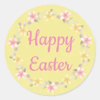 Yellow and Pink "Happy Easter" Floral Wreath Classic Round Sticker