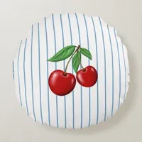 Red Cherries on Blue Stripes Pattern Round Pillow