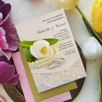 White Tulip, Pearls and Rings Engagement Party Invitation