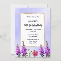 80th birthday blue pink wildflowers invitation