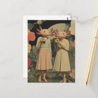 Surreal Funny pair of axolotl breakfast collage Postcard