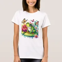 Cute Frog on Lily Pad with Flowers and Butterflies T-Shirt