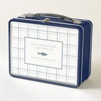 Classic Customizable Plaid Lake House Blue Fish Metal Lunch Box