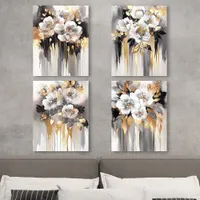 White and Gold Abstract Floral Bloom Wall Art Set Acrylic Photo Tile