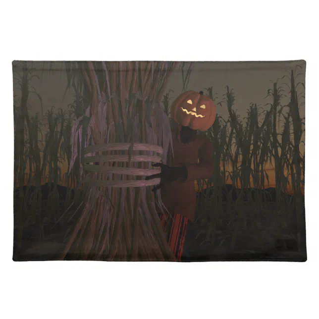 Spooky Pumpkin Head Scarecrow Cloth Placemat