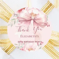 Blush pink bow florals thank you birthday classic round sticker