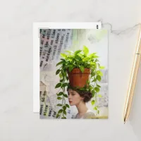 A Woman with  Houseplant on her Head Mixed Media Postcard