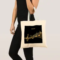 Black gold music notes name monogram tote bag