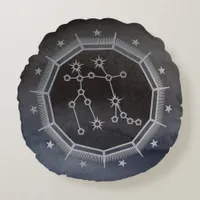 Dark Zodiac Astrology: Gemini Black & Silver Round Pillow