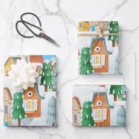 Charming Christmas Village Houses Trees Snow Wrapping Paper Sheets