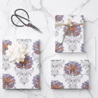 Abstract Doodle Art Style Flowers Purple Orange Wrapping Paper Sheets