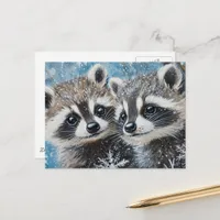 Cute Baby Raccoons Winter Snow Postcard