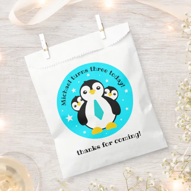 Cute Happy Birthday Boy Penguins Blue Neckties Favor Bag