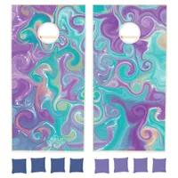 Purple and Teal Swirls Faux Marble Fluid Art Cornhole Set