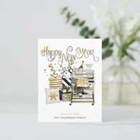 Champagne Black Gold Glitter Text Happy New Year Holiday Postcard