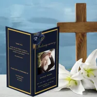 Blue gold photo elegant floral funeral program