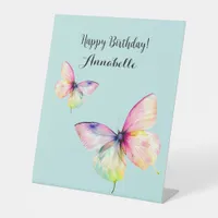 Delicate Pink Butterfly in Pastel Rainbow Colors Pedestal Sign