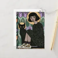 Cute woman sitting with her cat  postcard