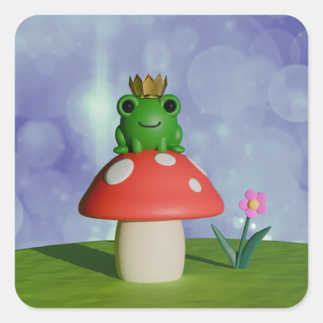 Cute Cartoon Frog Wearing a Crown on a Mushroom Square Sticker