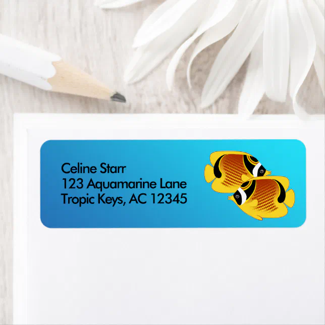 Raccoon Butterflyfish in Blue Aquarium Water Label