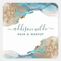 Blue And Gold Modern Art Liquid Watercolor Ink Square Sticker