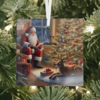 After work - Santa Claus and his reindeer Glass Ornament