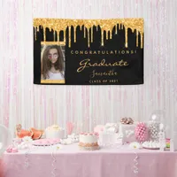 Graduation party black gold glitter photo banner
