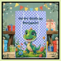 Green Dinosaur Blue Gingham Birthday Present Medium Gift Bag