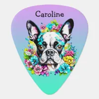 Boston Terrier surrounded by Flowers Personalized Guitar Pick