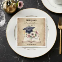 Vintage Floral Open Book Diploma Graduation Party Napkins