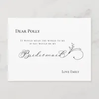 Stylish Leaf Black Script Bridesmaid Request Postcard