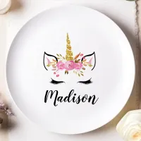 Unicorn Face With Eyelashes Personalized Name Paper Plates