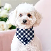 Navy And White Diagonal Buffalo Plaid Monogram Pet Bandana Collar