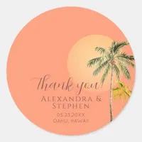 Tropical Beach Sunset & Palm Trees Minimal Wedding Classic Round Sticker