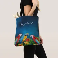 Navy blue parrots birds name script tote bag