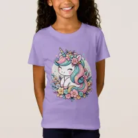 Pink and Blue Unicorn and Flowers  T-Shirt