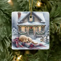 Puppy Asleep on Festive Front Porch Christmas Ceramic Ornament