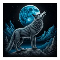 Wolf Standing in Front of the Full Moon | AI art Poster