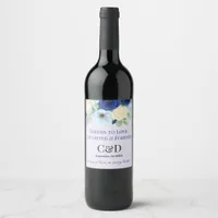 Navy Royal Bue Wedding Watercolor Ivory Flowers Wine Label