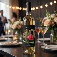 Elegant Black Gold Red Rose 40th Birthday Party Wine Label