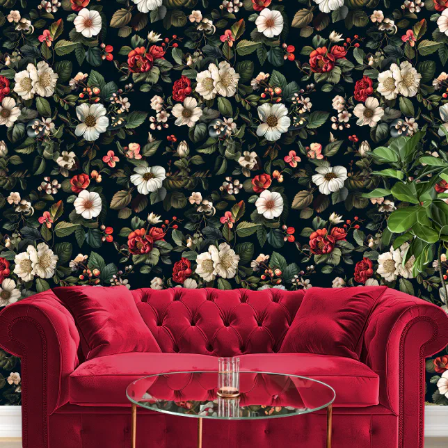 Red & White Flowers on Black for Bedroom Pattern Wallpaper