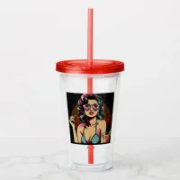 Comic Style Retro Pinup Girl with a Cocktail Acrylic Tumbler