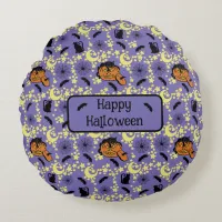 Cute Halloween Cats, Bats and Stars Round Pillow