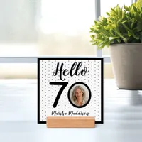 Hello 70 Black & White Dots Photo & Name Birthday Holder